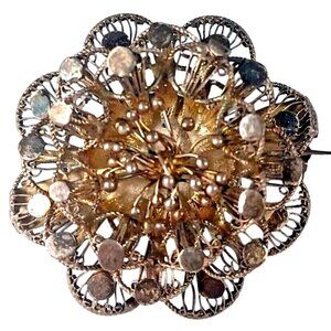 LOVELY ANTIQUE CANNETILLE SPUN SILVER FILIGREE ROSE PETALS SMALL PIN BROOCH